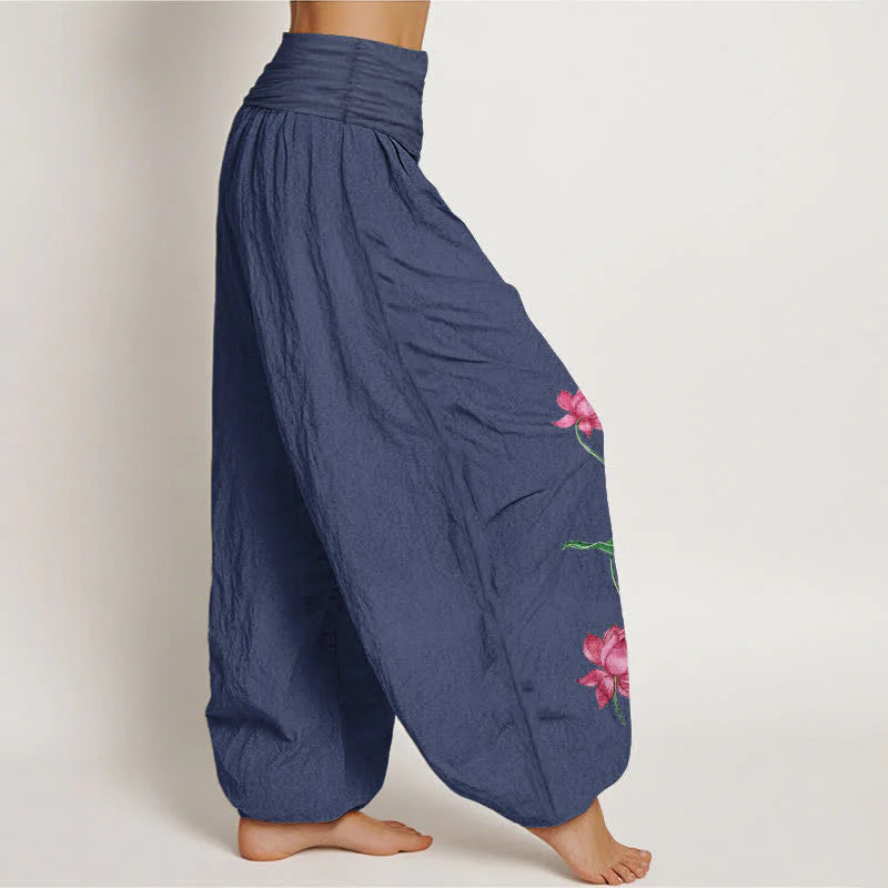 Buddha Stones Pure Cotton Lotus Flower Lotus Leaves Pattern Women's Harem Elastic Waist Pants
