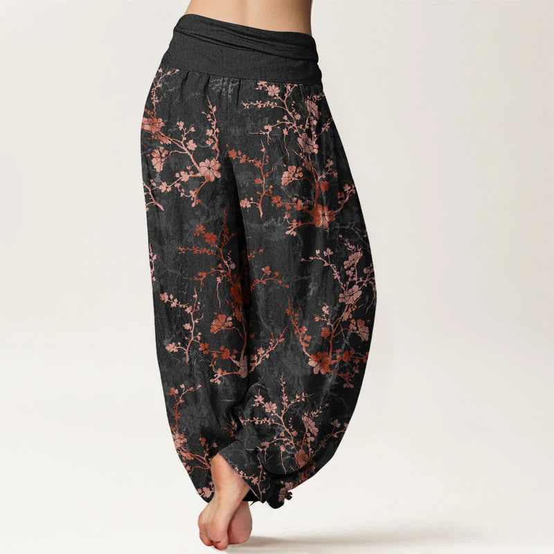 Buddha Stones Pure Cotton Blooming Flowers Branches Leaves Women's Elastic Waist Harem Pants