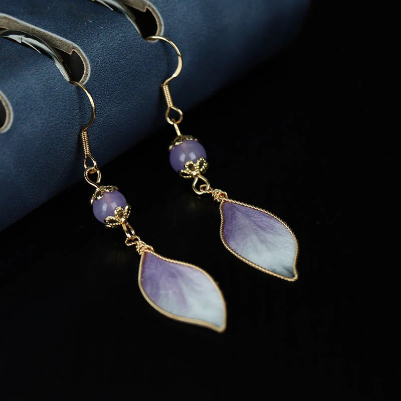 Buddha Stones Silk Art Handmade Purple Gradient Petals Blessing Dangle Earrings