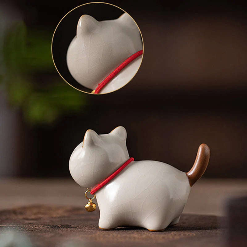 Buddha Stones Mini Lucky Cute Standing Cat Red Rope Bell Ceramic Figurine Decoration