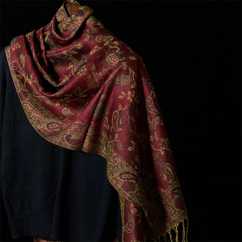 Buddha Stones Spring Dark Red Cashew Flower Floral Leaf Pattern Tassel Soft Scarf Shawl