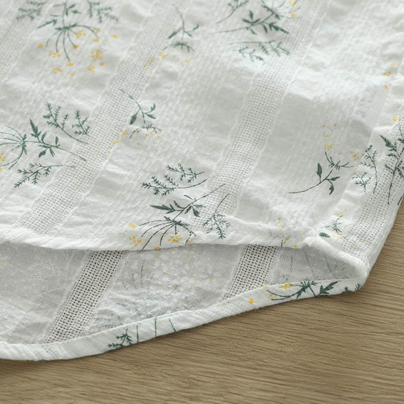 Buddha Stones Fall White Yellow Flowers Green Leaves Buttons Women's Cotton Long Sleeve Shirt
