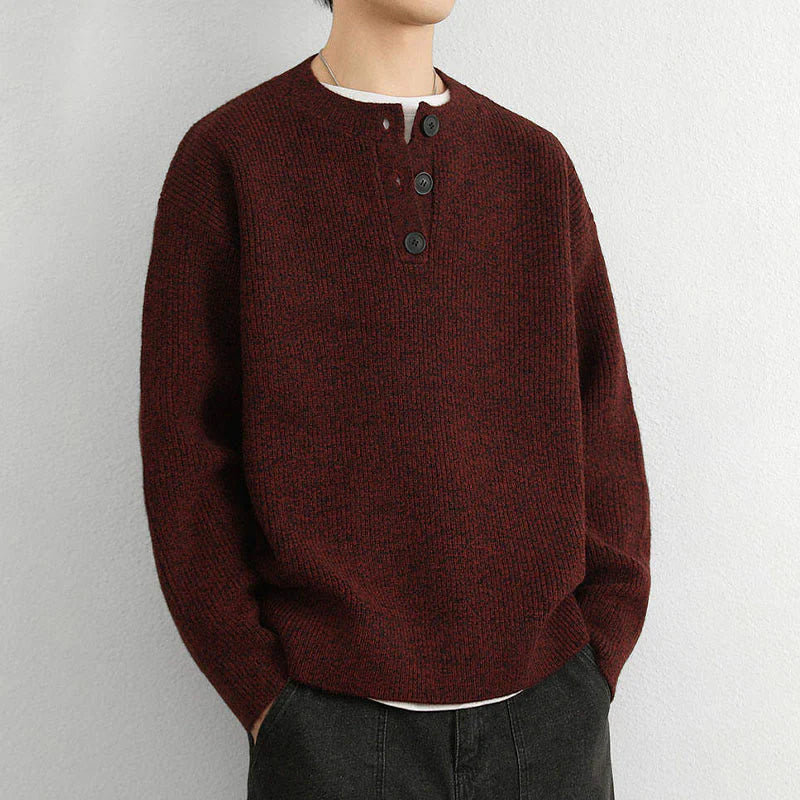 Buddha Stones Winter V-Neck Buttons Ribbed Design Warm Men's Long Sleeve Knitted Sweater