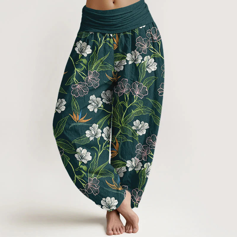 Buddha Stones Cotton Contrasting Colors Flower Leaf Pattern Women's Elastic Waist Harem Pants
