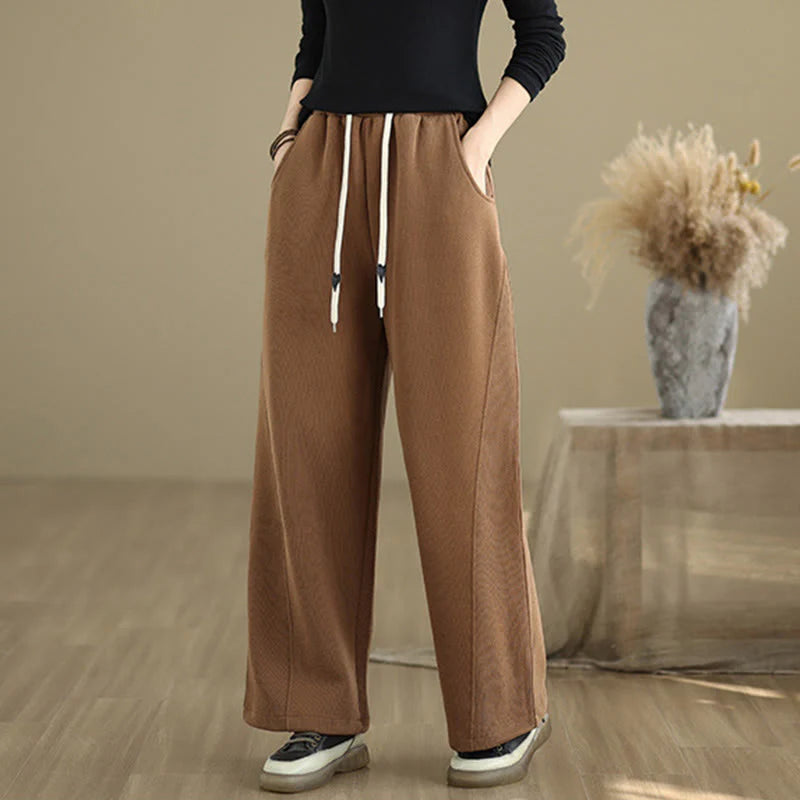 Buddha Stones Solid Color Drawstring Women's Wide Leg Pants With Pockets