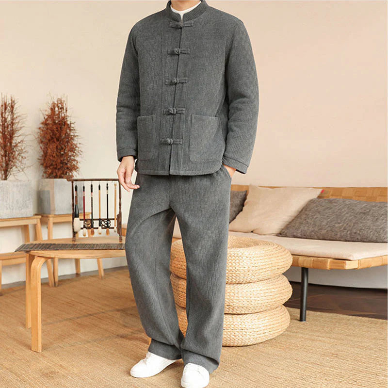 Buddha Stones 2Pcs Winter Solid Men's Tang Suit Frog-Button Cotton Long Sleeve Jacket Pants Set With Pockets