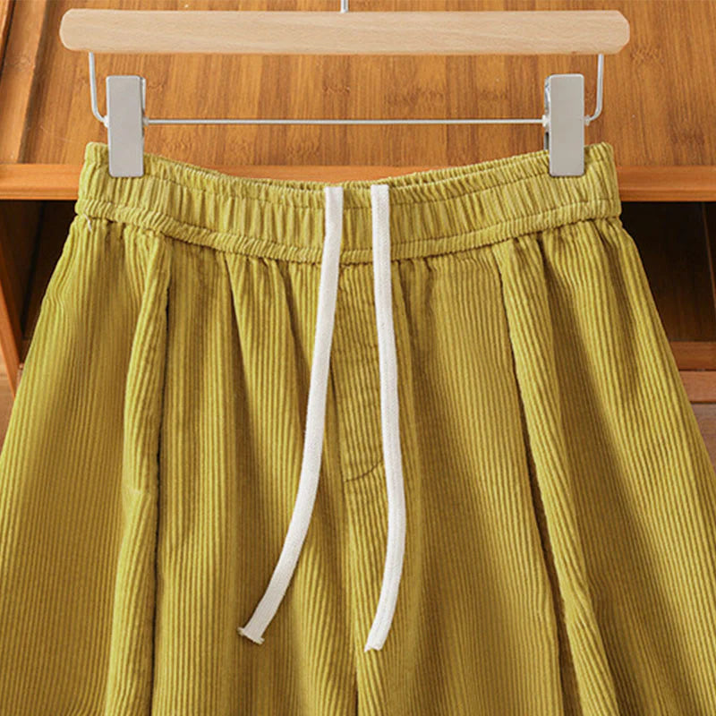 Buddha Stones Plain Elastic Waist Women's Cropped 7-8 Length Wide Leg Corduroy Pants
