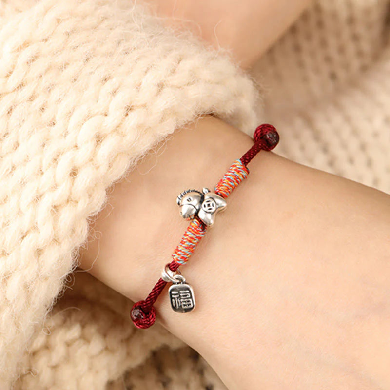 Buddha Stones 999 Sterling Silver Year Of The Horse Fu Character Charm String Braided Luck Bracelet