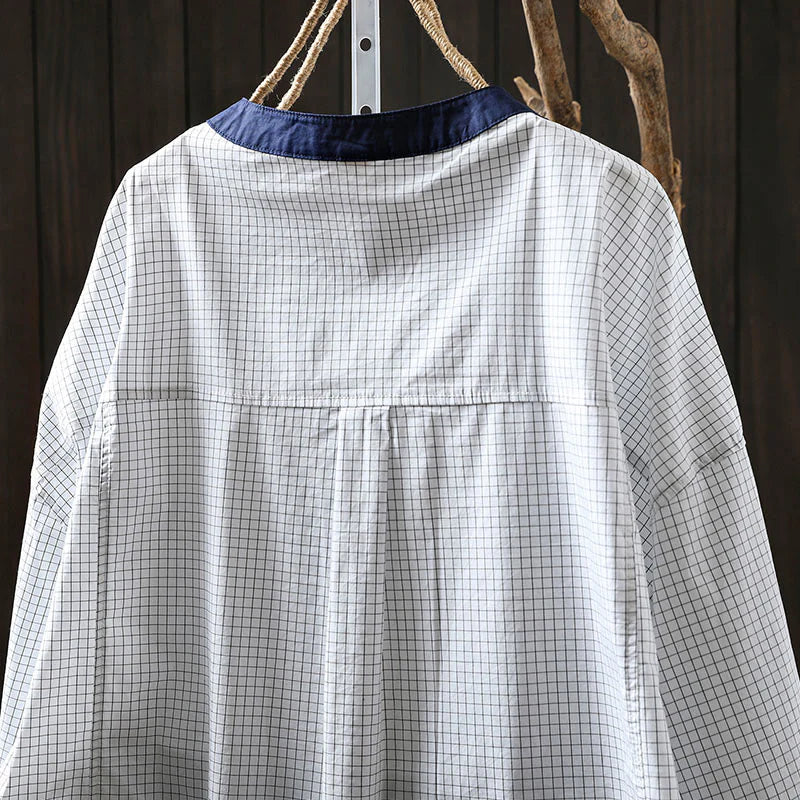 Buddha Stones Plaid Contrasting Buttons Down Long Sleeve Women's Cotton Shirt