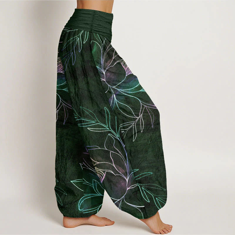 Buddha Stones Cotton Neon Lotus Branches Pattern Women's Elastic Waist Harem Pants