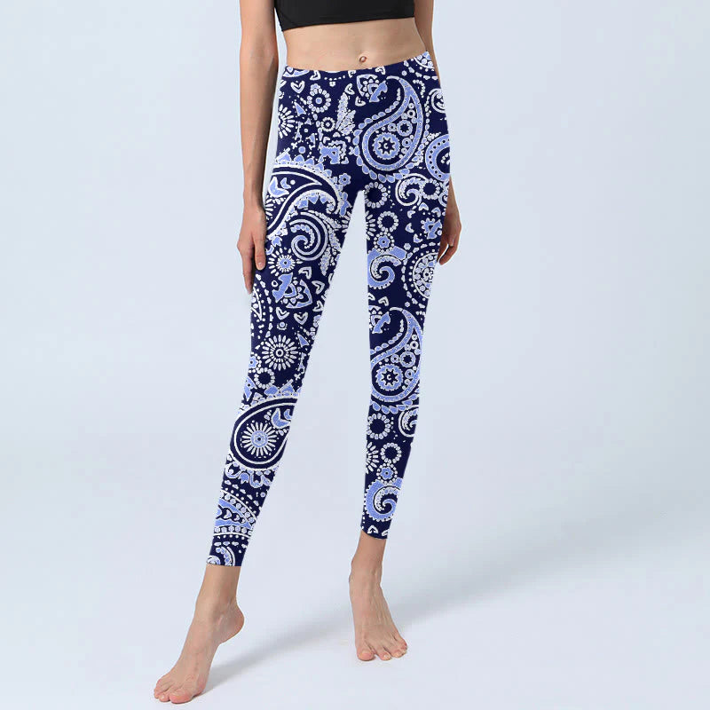 Buddha Stones Purple Blue Cashew Flower Print Gym Leggings Women's Yoga Pants