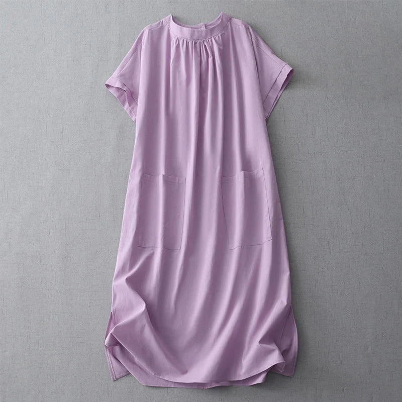 Buddha Stones Casual Pure Color Back Buttons Design Crew Neck Short Sleeve Cotton Linen Midi Dress With Pockets
