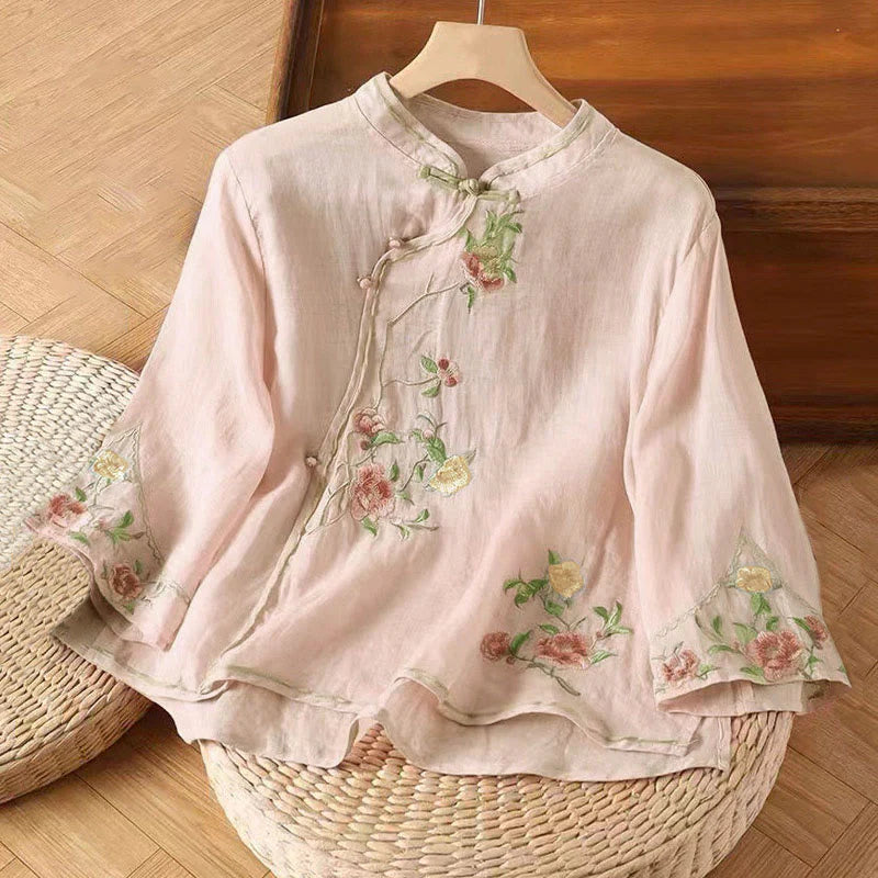 Buddha Stones Casual Vintage Embroidery Flower Pattern Chinese Frog-Button Crew Neck Design Women's Cotton Linen Shirt