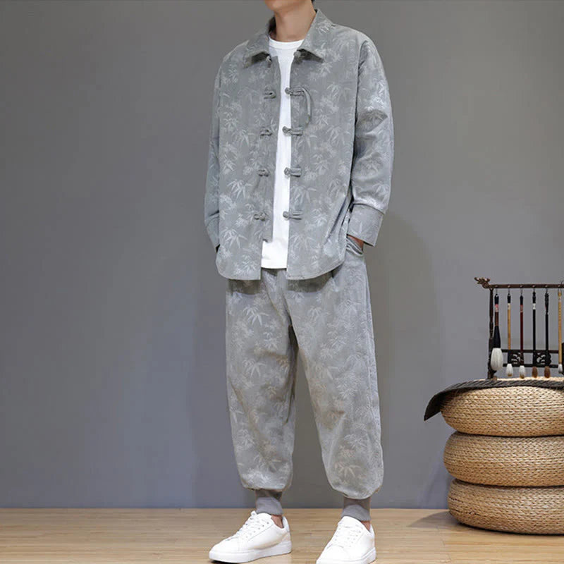 Buddha Stones 2Pcs Winter Thick Bamboo Men's Tang Suit Frog-Button Cotton Corduroy Long Sleeve Jacket Pants Set With Pockets