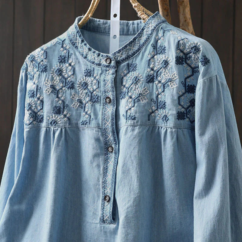 Buddha Stones Geometry Floral Embroidery Cotton Denim Half Buttons Long Sleeve Women's Shirt