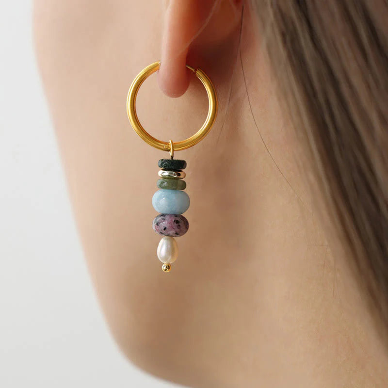 Buddha Stones Tibetan Marnyi Stone Design Natural Red Agate Pearl Confidence Titanium Steel Earrings