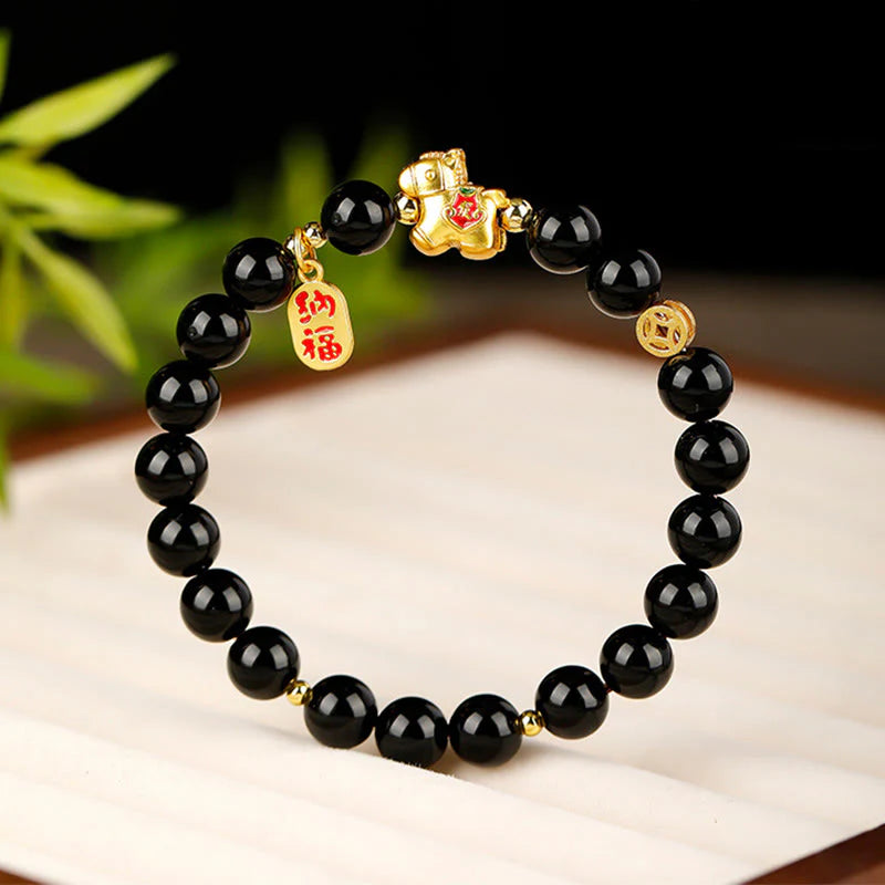 Buddha Stones Year Of The Horse Black Obsidian Strength Bracelet