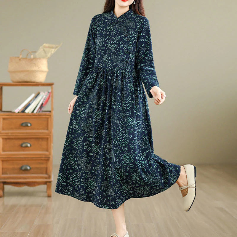 Buddha Stones Printed Floral Long Sleeve Stand Collar Cotton Maxi Dress With Pockets