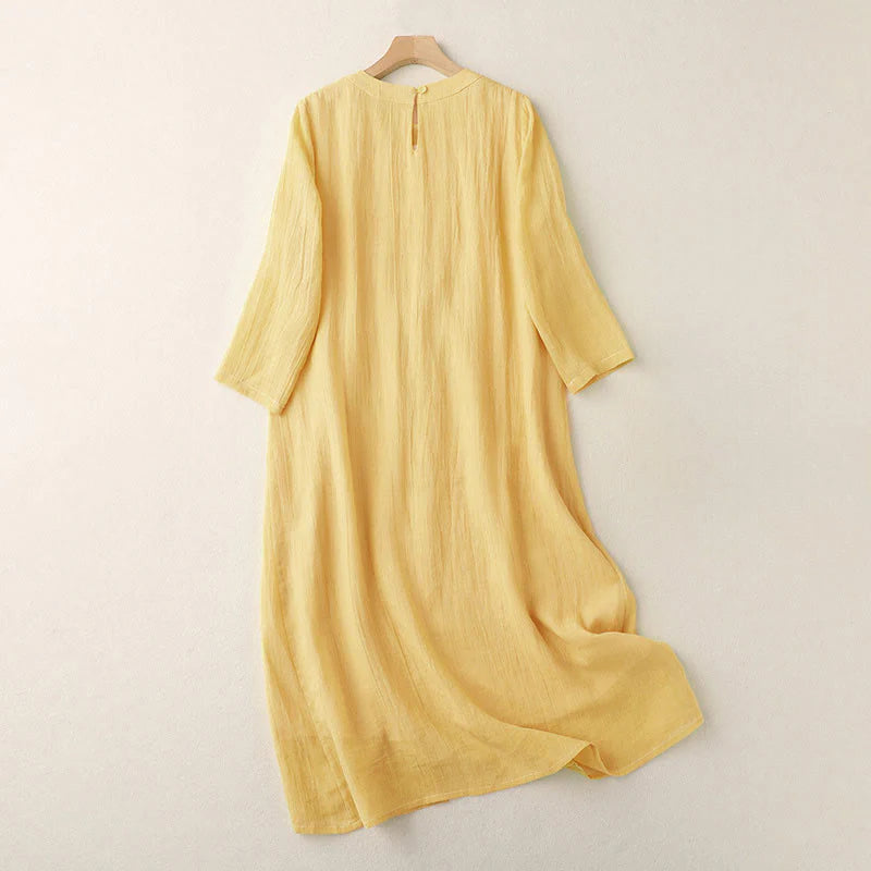 Buddha Stones Commute Solid Color Embroidery Double Layer Crew Neck Long Sleeve Cotton Midi Dress