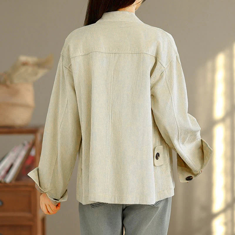 Buddha Stones Buttons Design Corduroy Long Sleeve Women's Jacket With Pockets