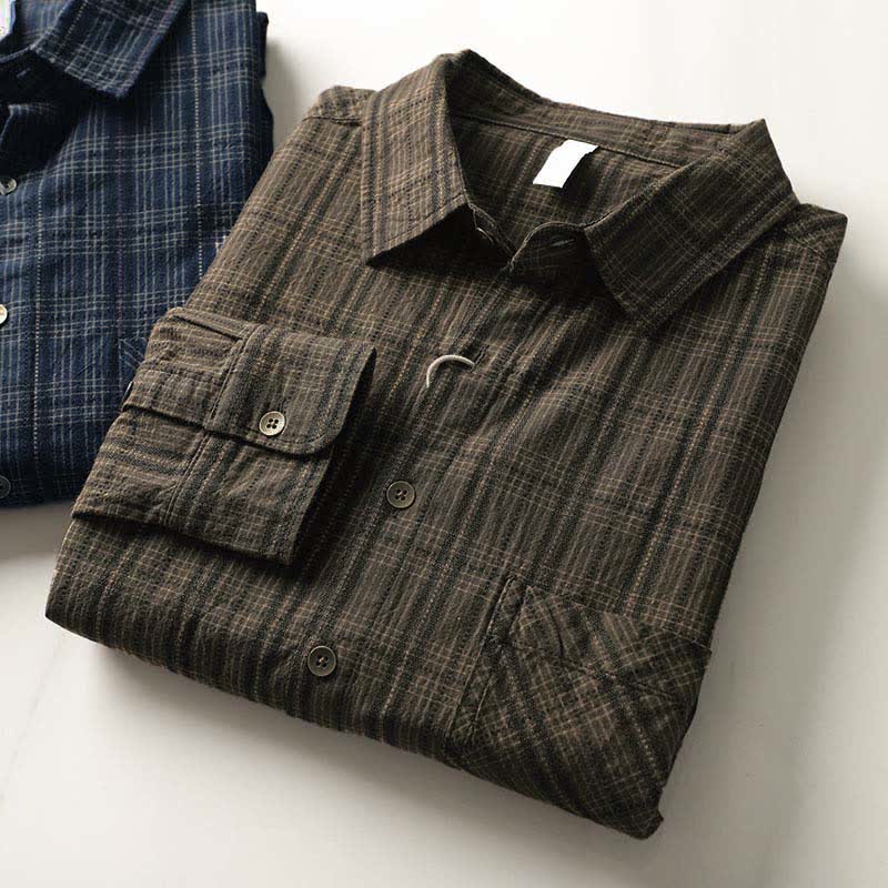 Buddha Stones Fall Commute Embroidery Plaid Pattern Men's Cotton Long Sleeve Shirts With Pocket