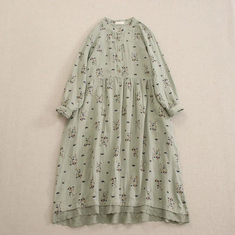 Buddha Stones Spring Small Floral Print Buttons Design Crew Neck Long Sleeve Midi Dress With Pockets
