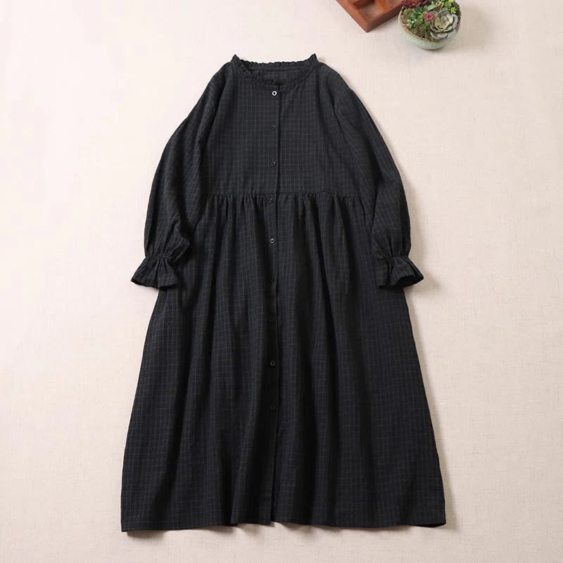Buddha Stones Long Sleeve Plaid Simple Buttons Ruffled Design Midi Dress With Pockets