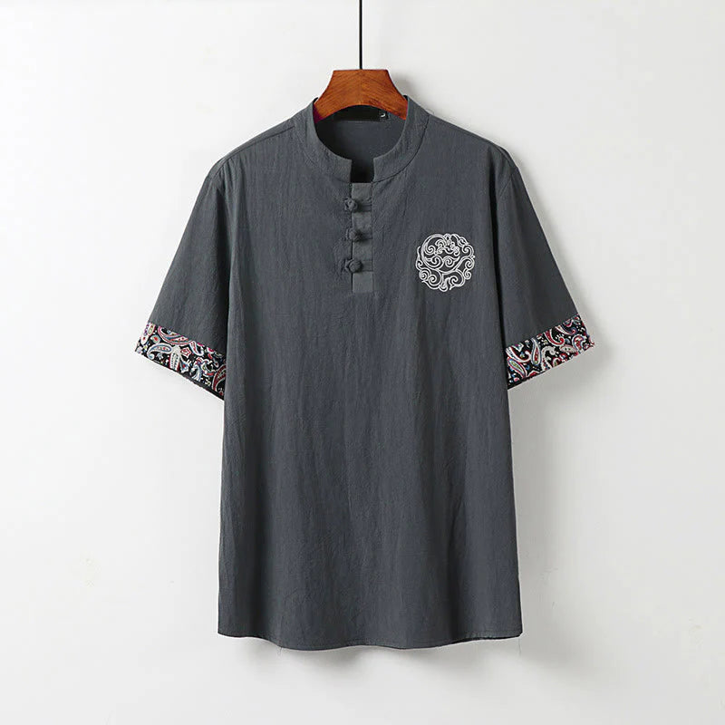 Buddha Stones Summer Frog-Button Auspicious Clouds Embroidery Design Short Sleeve Cotton Linen Men's Shirt