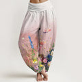 Buddha Stones Cotton Casual Watercolor Style Floral Pattern Women's Elastic Waist Harem Pants