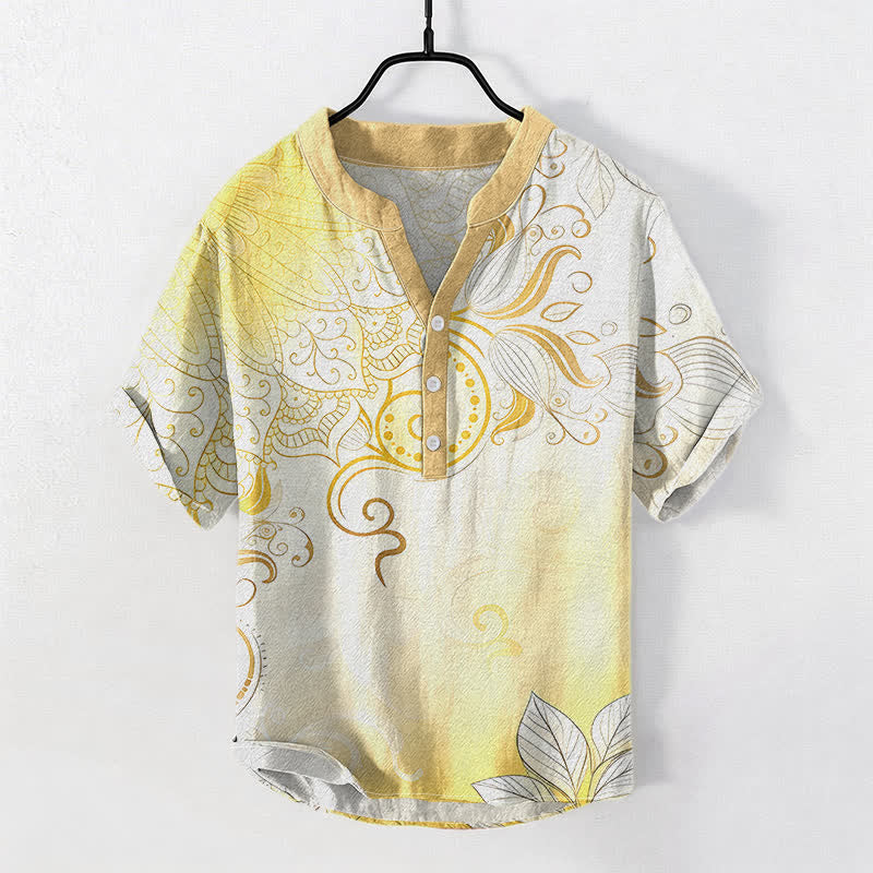 Buddha Stones Cotton Mandala Floral Emblem Men's Short Sleeve Half Button Shirt