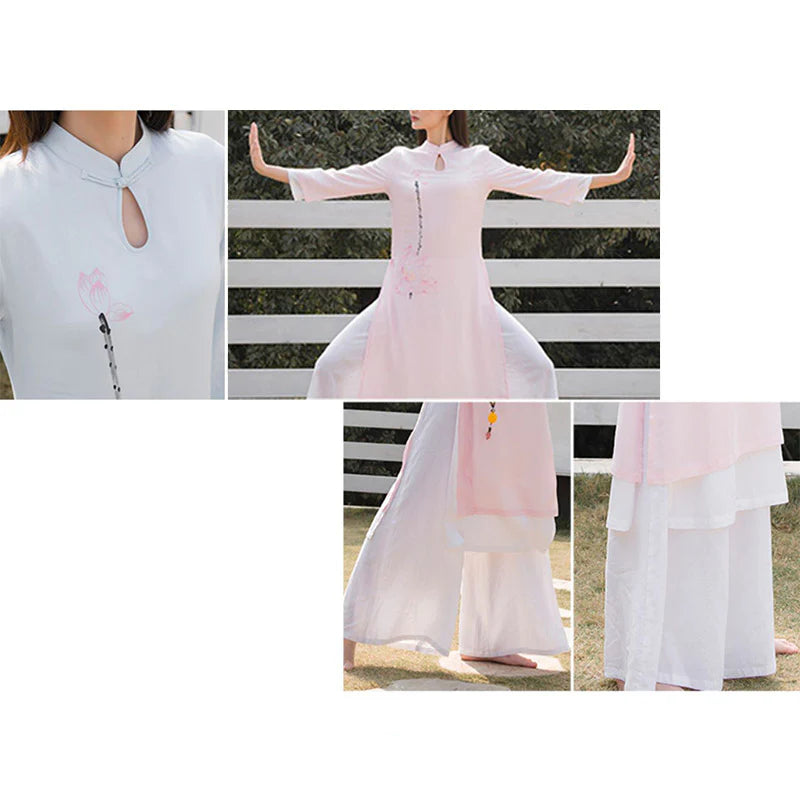Buddha Stones 2Pcs Lotus Pattern Tai Chi Meditation Yoga Cotton Linen Clothing Top Pants Women's Set  (Extra 30% Off | USE CODE: FS30)