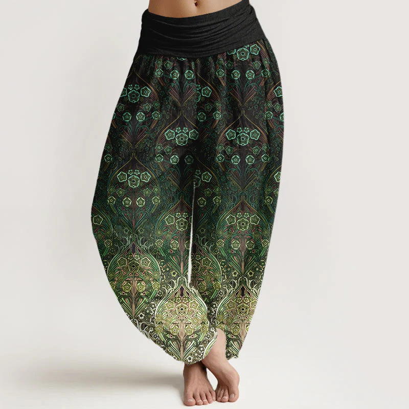Buddha Stones Pure Cotton Retro Flower Pattern Women's Elastic Waist Harem Pants