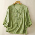 Buddha Stones Embroidered Grapes Pattern Lace Design Frog-Button Three Quarter Sleeve Women's Cotton Shirt