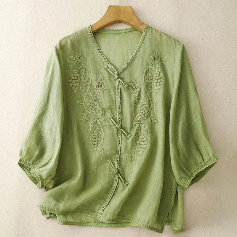 Buddha Stones Embroidered Grapes Pattern Lace Design Frog-Button Three Quarter Sleeve Women's Cotton Shirt