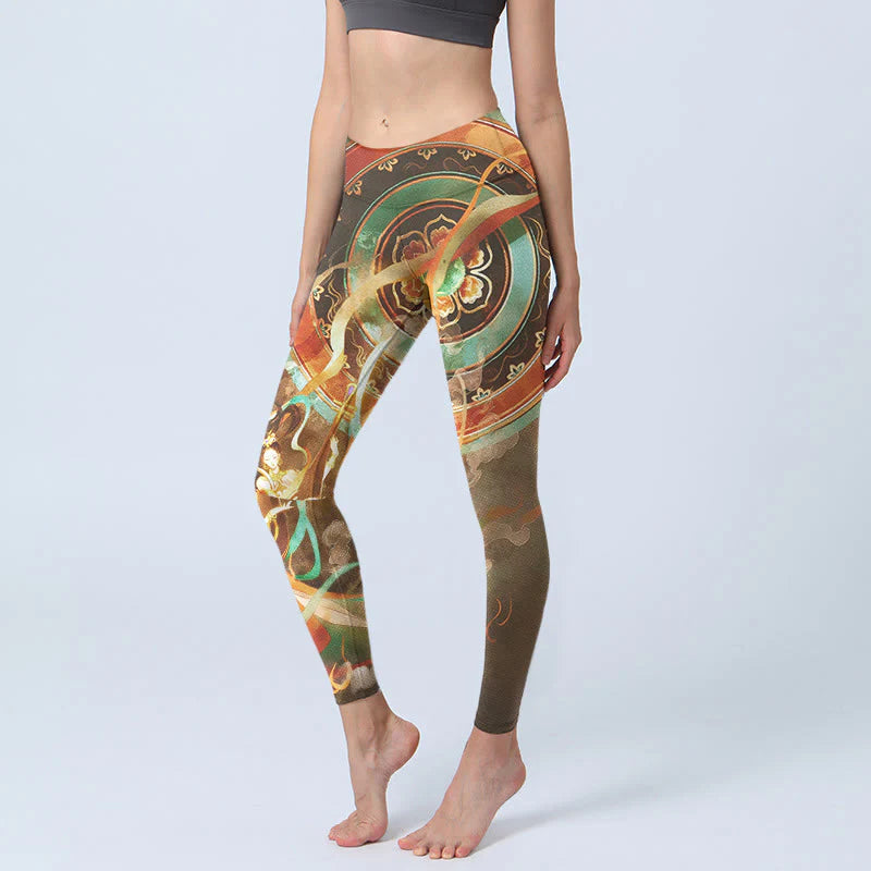 Buddha Stones Dunhuang Flying Apsaras Mandala Print Gym Leggings Women's Yoga Pants
