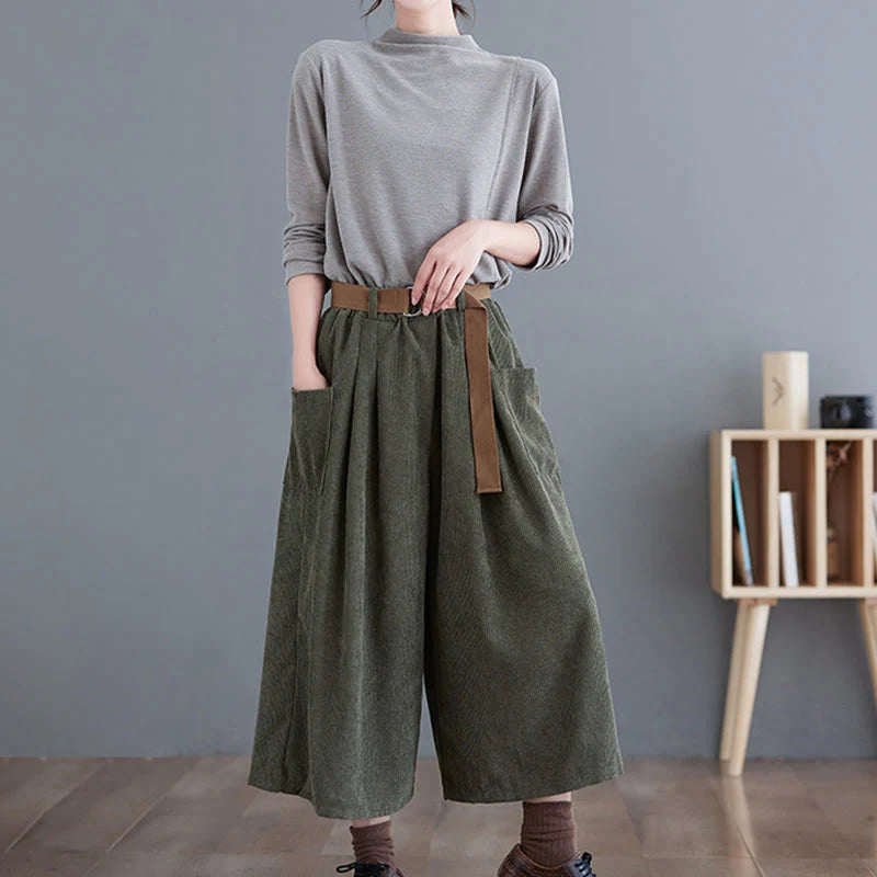 Buddha Stones Retro Women's Wide Leg 7-8 Length Corduroy Pants With Pockets Belt
