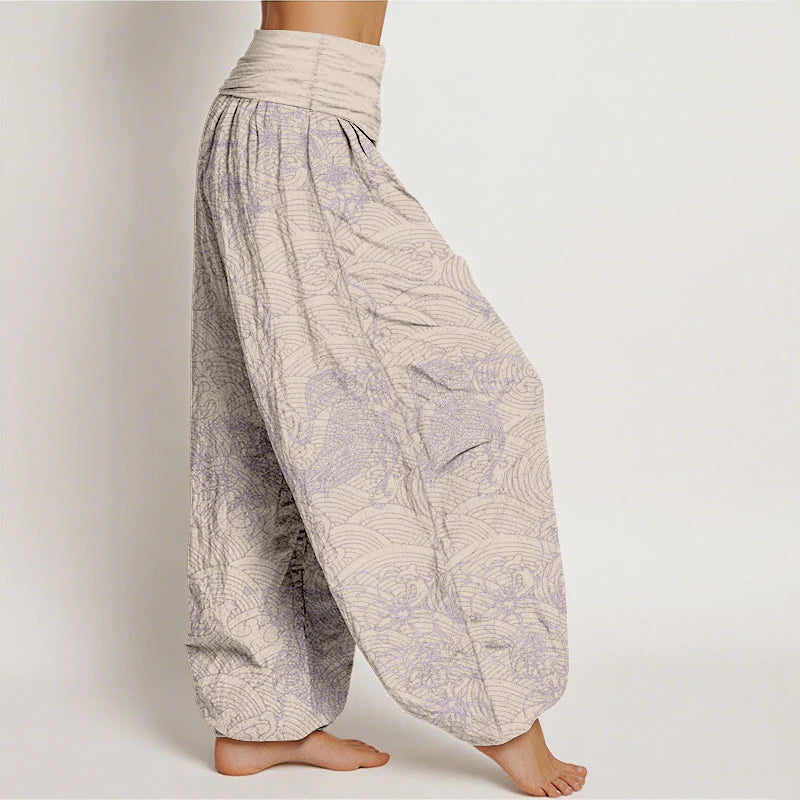 Buddha Stones Pure Cotton Exquisite Koi Fish Flowers Patterns Women's Elastic Waist Harem Pants