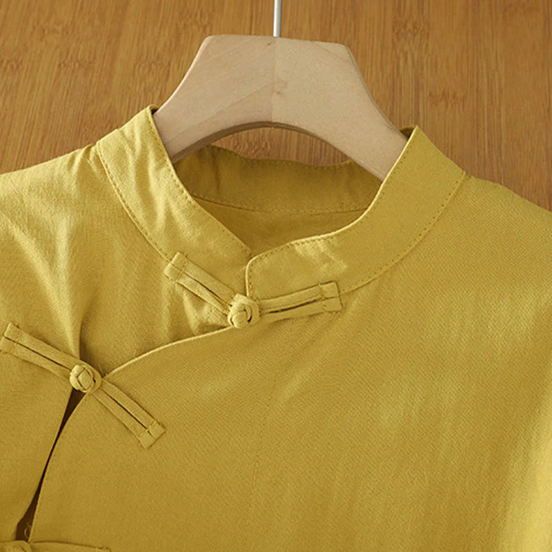 Buddha Stones Casual Vintage Chinese Frog-Button Lace-Up Patchwork Design Women's Cotton Shirt