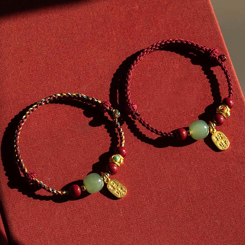 Buddha Stones Lucky Fortune Charm Hetian Cyan Jade White Jade Multicolored Braided String Prosperity Bracelet