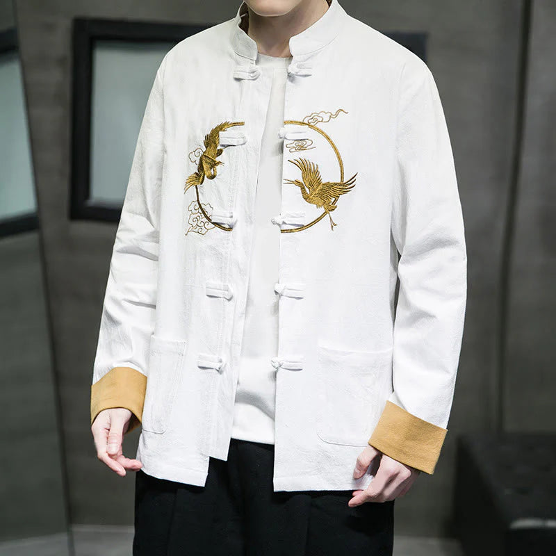 Buddha Stones Embroidery Cranes Pattern Frog-Button Men's Cotton Long Sleeve Jacket With Pockets