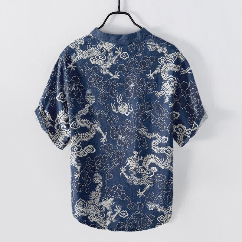 Buddha Stones Cotton Dragon Lotus Pattern Men's Short Sleeve Half Button Shirt