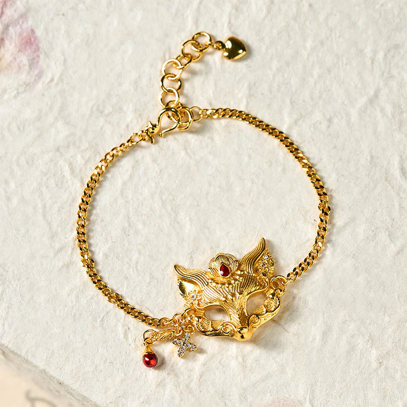 Buddha Stones 24k Gold Plated Brass Fox Mask Charm Tassel Chain Bracelet