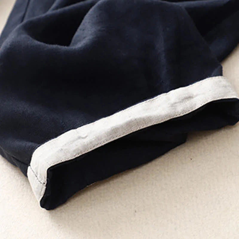Buddha Stones Summer Plain Elastic Waist Two-tone Cuffs Cropped Women's Tapered Pants With Pockets