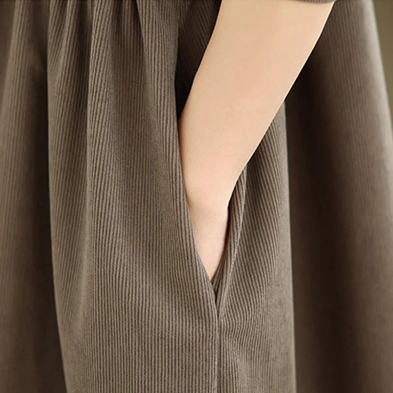 Buddha Stones Winter Pleated Buttons Down Long Sleeve Corduroy Women's Midi Dress With Pockets