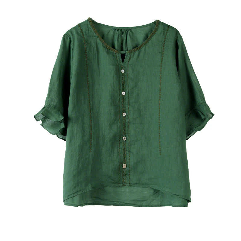 Buddha Stones Embroidery Buttons Crew Neck Flared Short Sleeve Women's Shirt