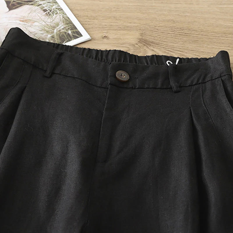 Buddha Stones Casual Retro Plain Women's Cotton Wide Leg Pants With Pockets Zipper