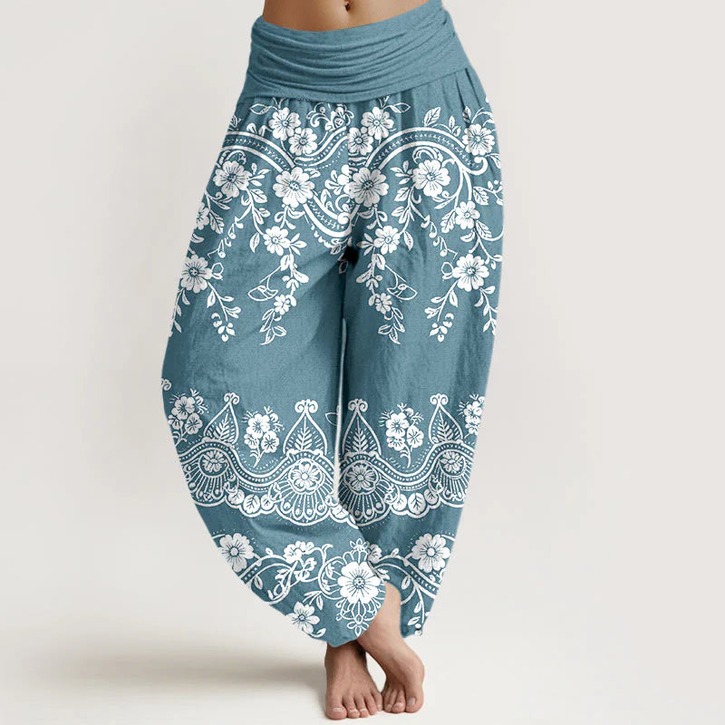 Buddha Stones Cotton Traditional Flower Vine Leaf Pattern Women's Elastic Waist Harem Pants