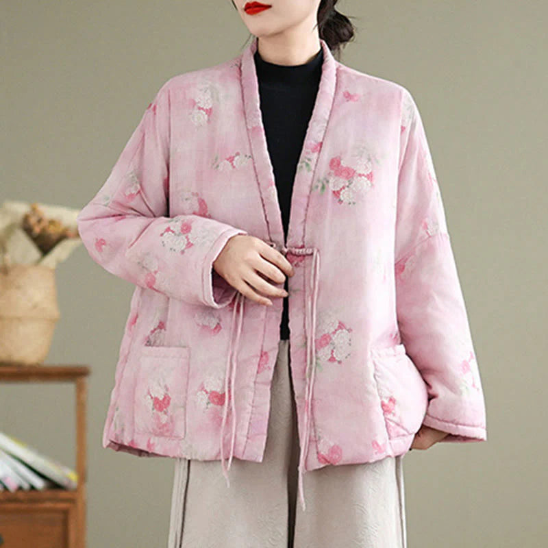 Buddha Stones Printed Flowers Women's Long Sleeve Jacket With Pockets