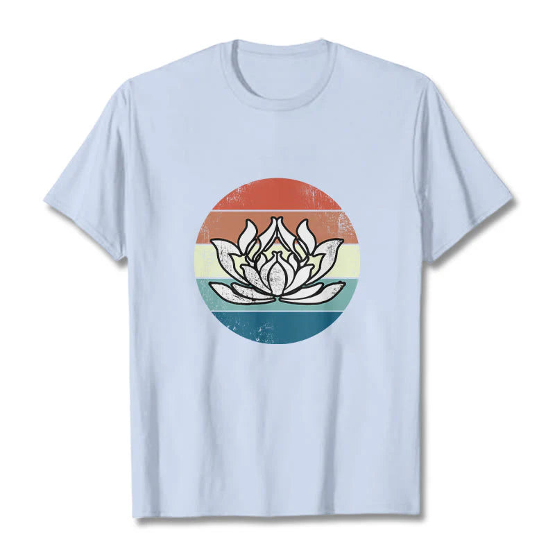 Buddha Stones Blooming Lotus Colorful Striped Pattern Cotton Tee T-shirt