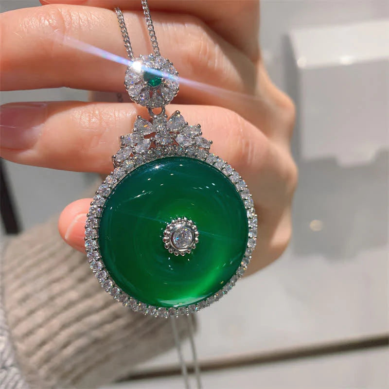 Buddha Stones Green Chalcedony Round Peace Buckle Strength Necklace Pendant
